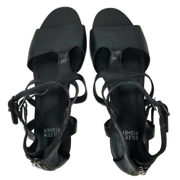 Eileen Fisher Sandals Womens Size 9.5 Gladiator Black Wedge Open Toe Leather - Picture 7 of 12
